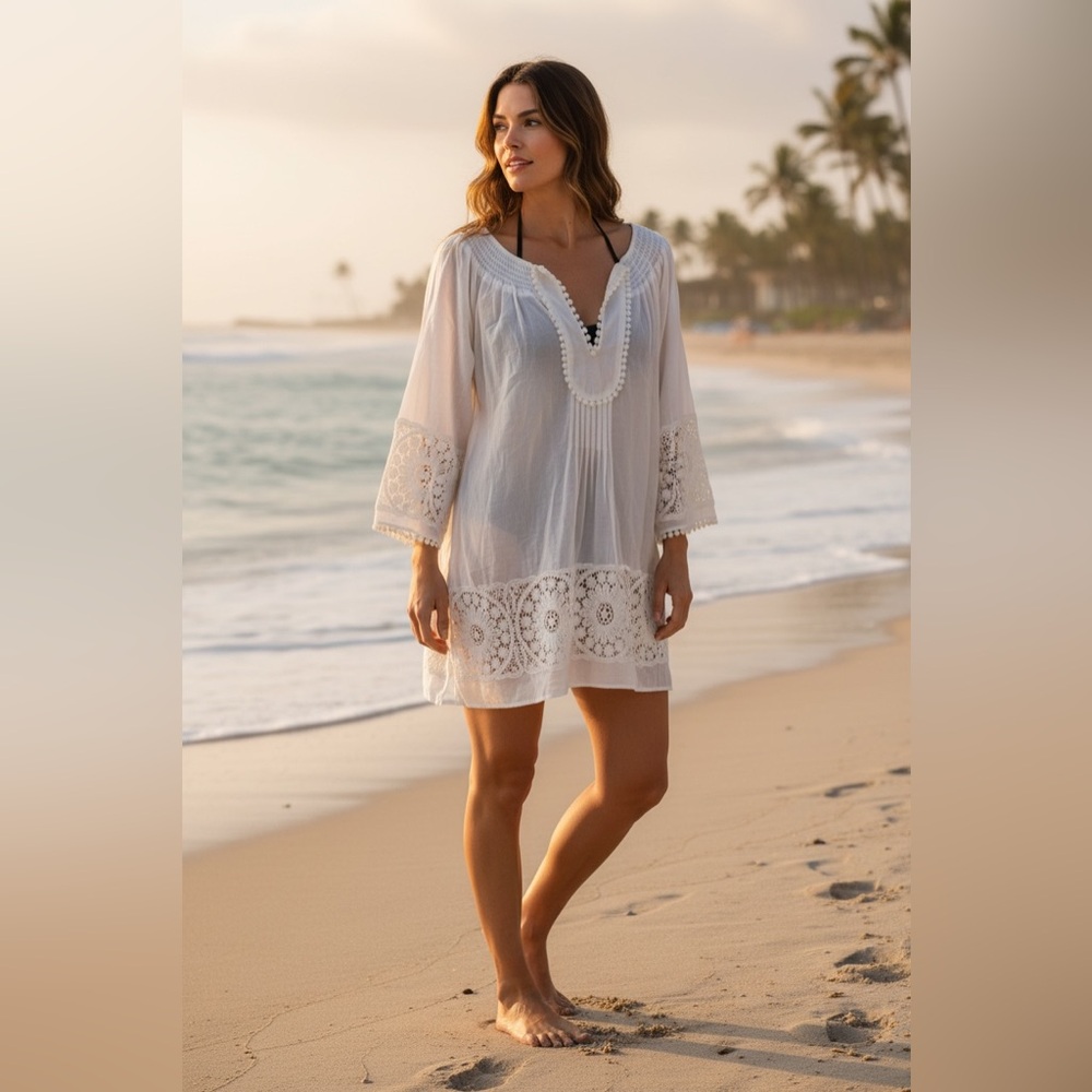 Daniel Rainn Cream Crochet-Trim Swim Coverup Tunic Top 25% Silk